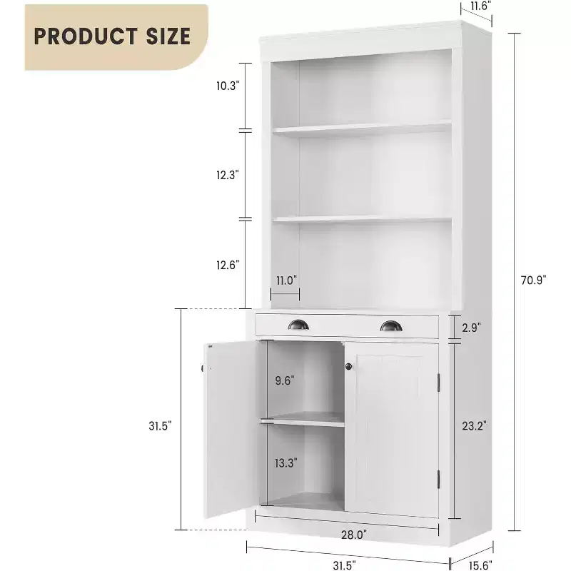 71 Tall Bookshelf and Bookcase with Drawer, Bookshelf with Door and 2 Drawers, Wood Bookshelves Storage Cabinets for Home, Office, Living Room