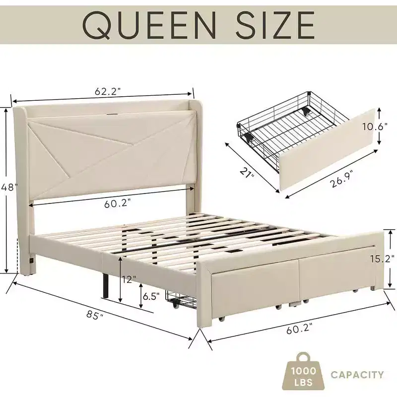 Queen Size Bed Frame with 2 Storage Drawers, Lined Fabric Upholstered Headboard with Charging Station, Storage Shelf, No Box Spring Needed, Beige