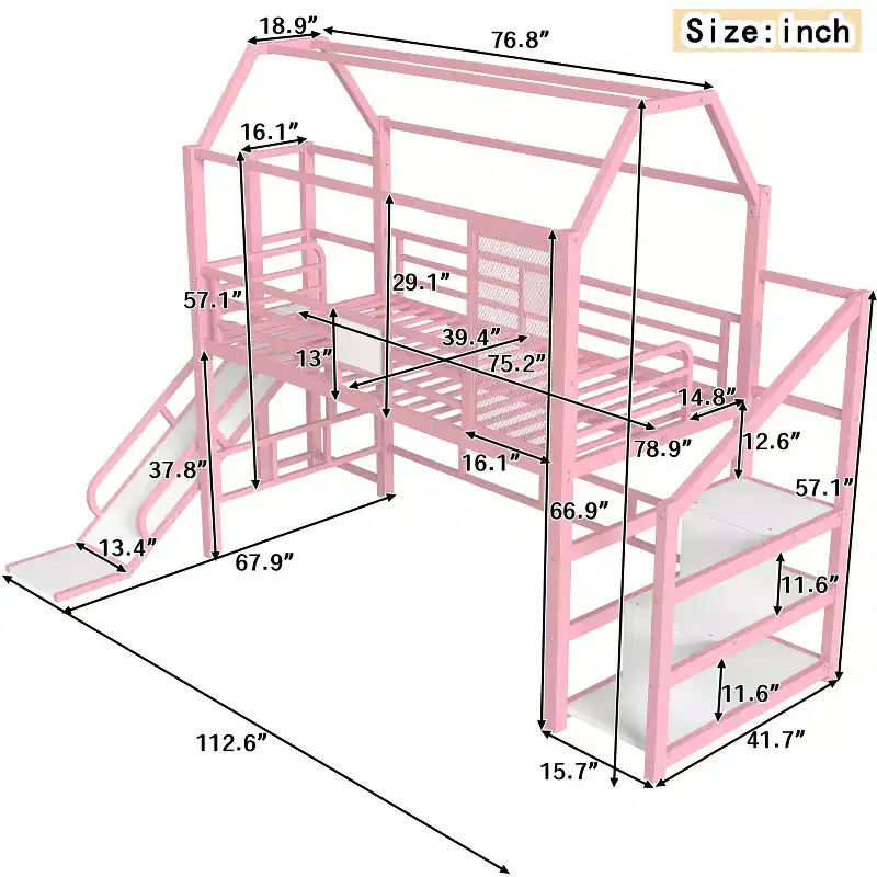 House Loft Bed with Slide and Storage Stairs - Metal Frame for Kids and Teens