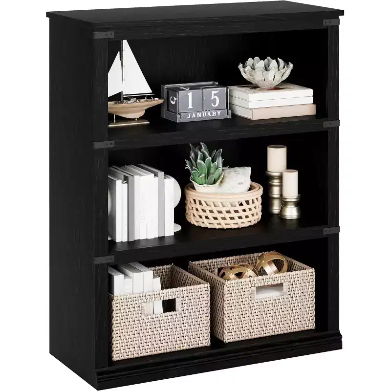 3-Tier Farmhouse Bookcase with Storage, Wooden 3-Shelf Low Bookcase for Home Office, Living Room, Bedroom