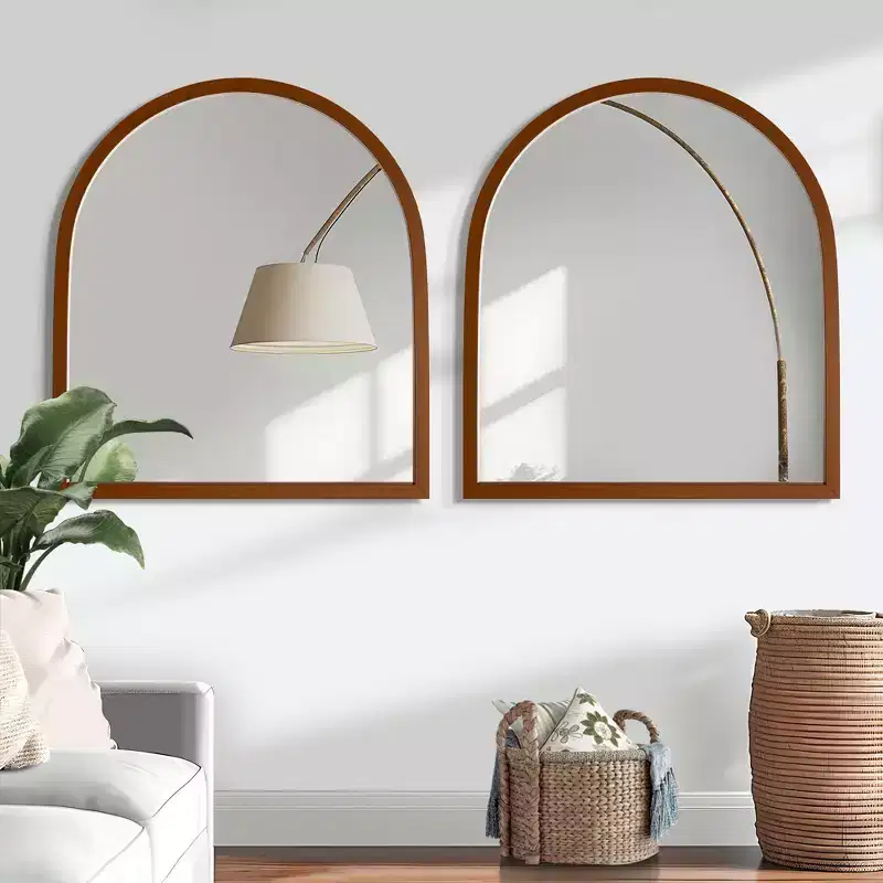 Solid Wood Straight Edge Right-Angle Arched Walnut Color Hanging Mirror 90x80x2cm (Double-Sided Mounting)
