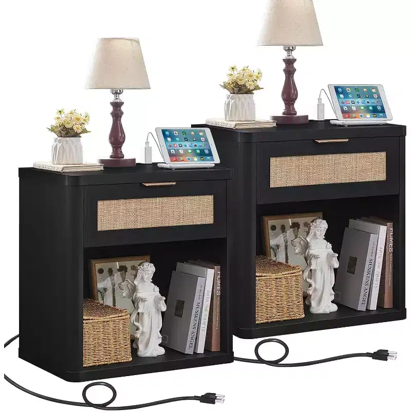 BALHAM TRADE-Rattan Nightstands Set of 2 with Charging Station 23Wide with Drawer Storage Shelf