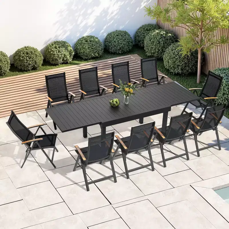 Crestlive Products Expandable Patio Dining Set Aluminum Frame with Adjustable Folding Dining Armchairs for 8-10 People