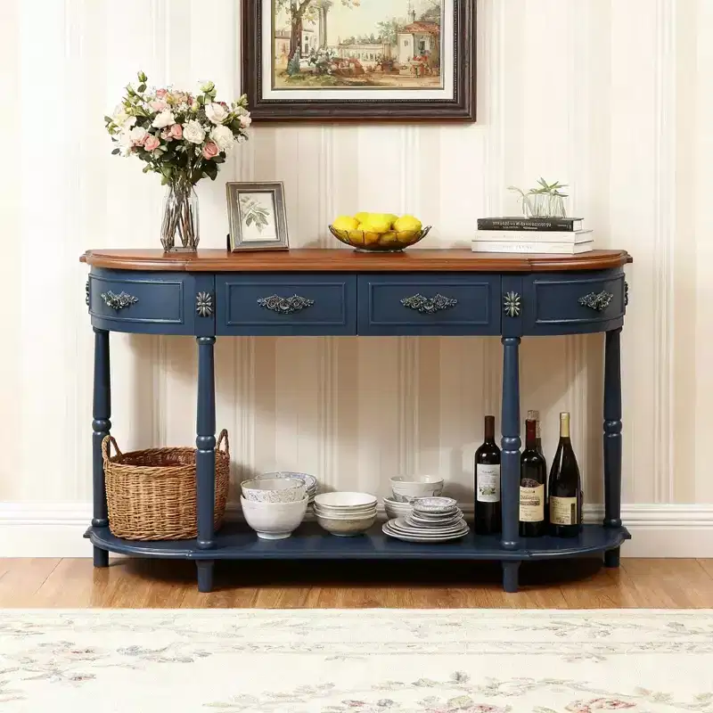 52'' Retro Curved Wood Console Table with Open Shelf and 2 Drawers for Living Room and Hallway, Navy Blue and Brown Top