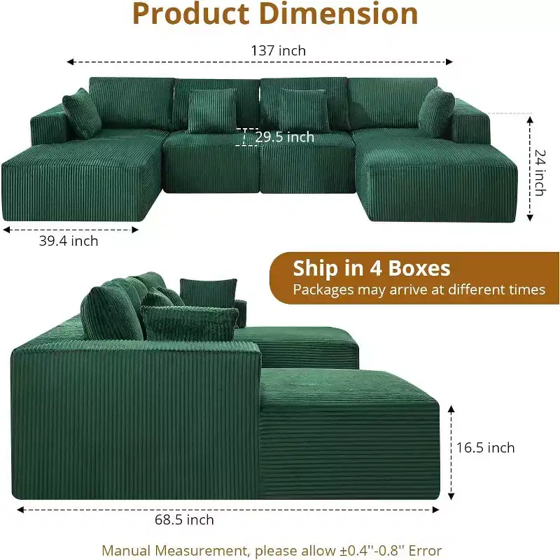 Ultra Soft Corduroy Sectional Sofa, 137 U-Shape | No-Assembly Modular Design w/ 2 Chaise Lounges | Convertible Sleeper