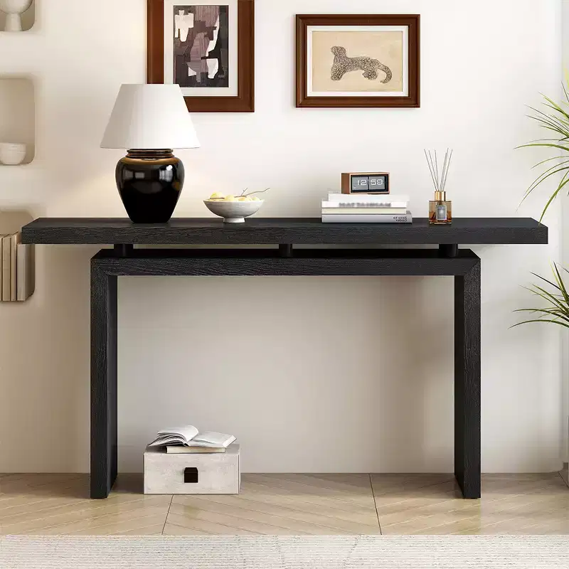 Uniquely designed ash veneer console table features a modern, minimalist style and a cleverly designed tabletop, suitable