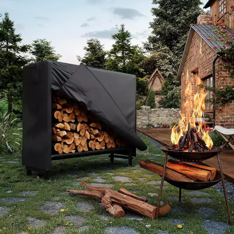 Full Covered Firewood Rack with Black Waterproof Cover, Outdoor Metal Log Holder with Zipper for Fireplace Porch Patio