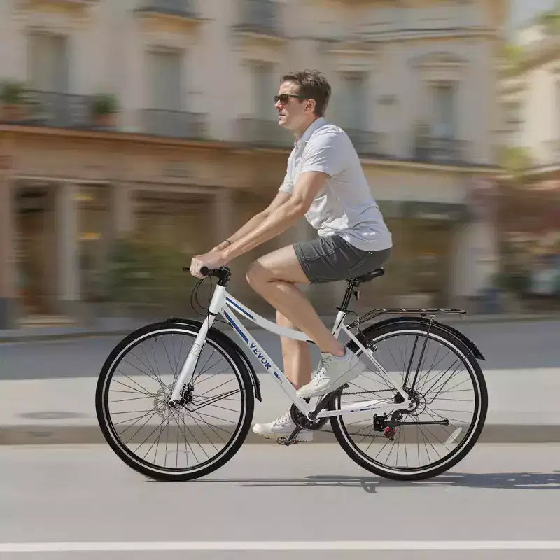 VEVOR Hybrid Bike, Lightweight Aluminum Frame Bike, 700c Wheel Men and Women Hybrid Bicycle, Step-Through Adult Urban City Commuter Bikes, White