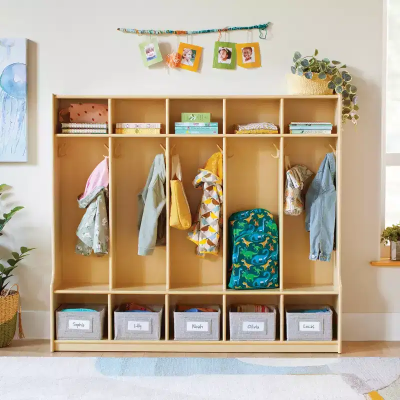 5-Section Wooden Storage Locker with Bench Seat for Classroom, Kids Cubby Organizer with Shelves and Hooks for Coats