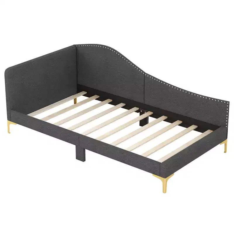 Costway Twin/Full Size Upholstered Daybed Rivet-Tufted Platform Bed with Metal Legs Wood Slats
