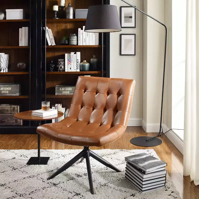 Armless Swivel Home Office Chair – Faux Leather, Tufted, Metal Base