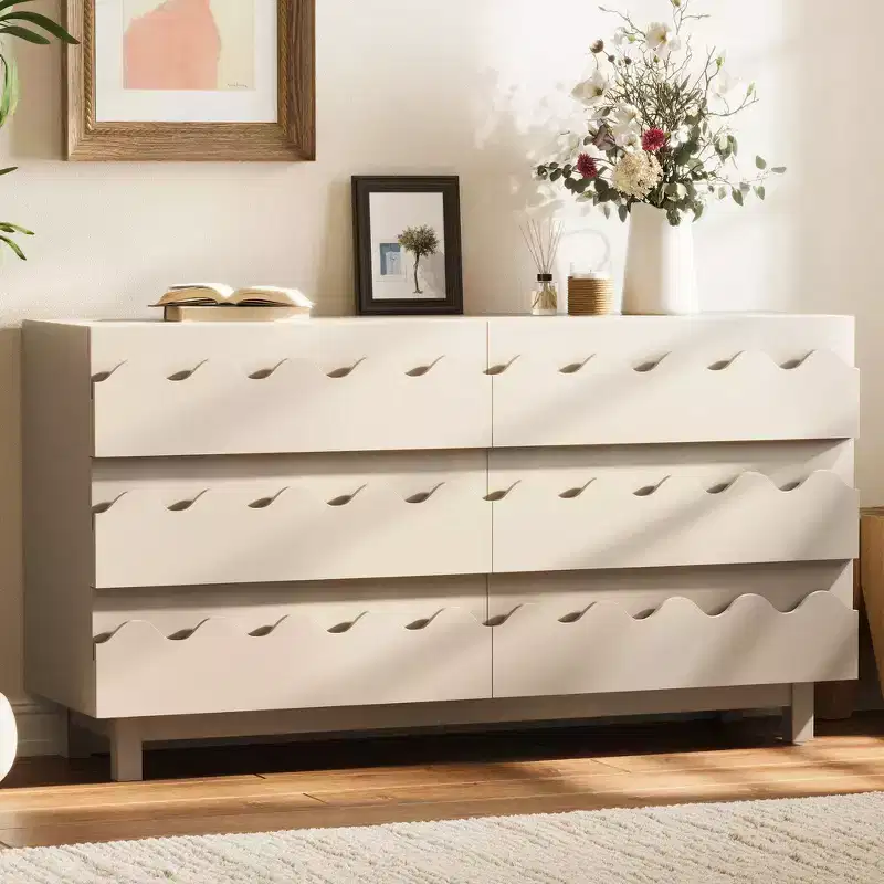 Whisen 60 Length 6-Drawer Modern Dresser with Wave Front Design, Anti-Tip Wide Storage Chest for Bedroom