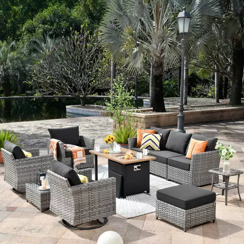 Ovios Tenaya 10pc Wicker Outdoor Patio Furniture Set Conversation Sofa with a Storage Fire Pit, Swivel Chairs and Cushions