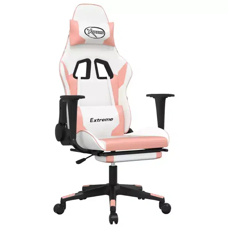 vidaXL Gaming Chair with Footrest, White and Pink, Faux Leather
