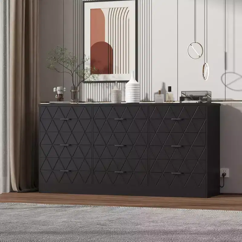 Zstar Modern Accent 9 Drawer Triple Dresser, Wood Storage Cabinet for Bedroom with Power Outlets