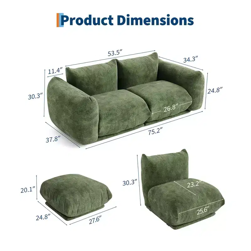 Boneless Love Seat Sofa - No Assembly Required, 75.2 Plush Chenille Cloud Couch with 23.2 Deep Seat for Small Spaces (Green)