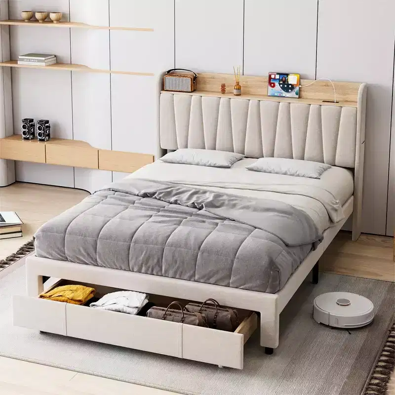 Upholstered Bed Frame with Storage Headboard and Charging Station, Platform Bed Frame with Drawers