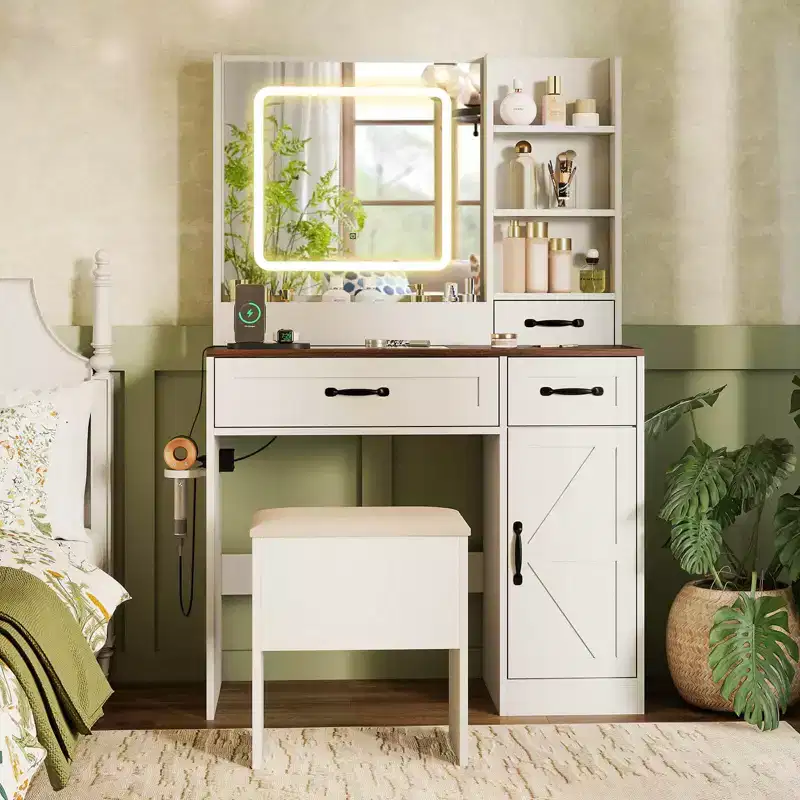 Costway Vanity Desk with Mirror & Power Outlets Dressing Table with 3 Color lighting