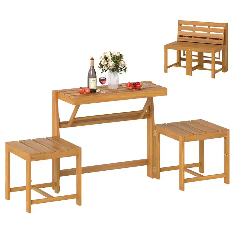 Costway 3-in-1 Outdoor Acacia Wood Loveseat Bench Furnitur w/ Slatted Seat for Garden