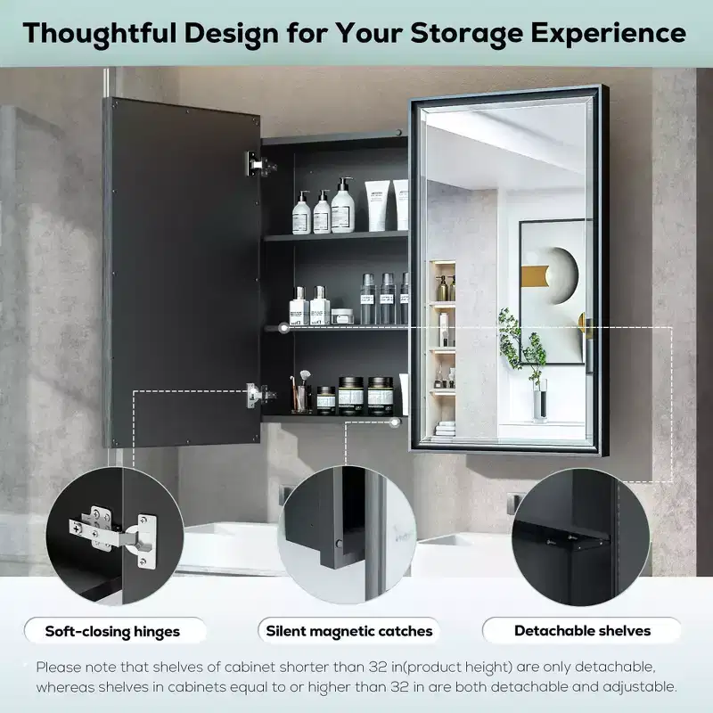 Keonjinn 36 in. W x 32 in. H Metal Framed Black Rectangular Framed Recessed/Surface Mount Medicine Cabinet with Mirror,Black