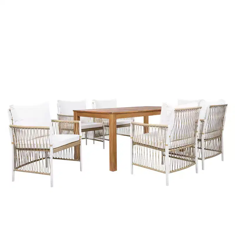 GDFStudio Nicolas Patio 7 Piece Wood and Metal Dining Set with Hand-Woven Rattan Arm Chairs