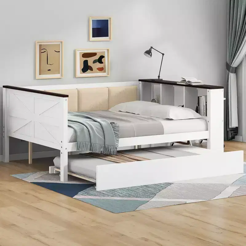 Whisen Twin Size Wood Daybed & Bed Frame with Storage Shelves, Upholstered Backrest and Trundle