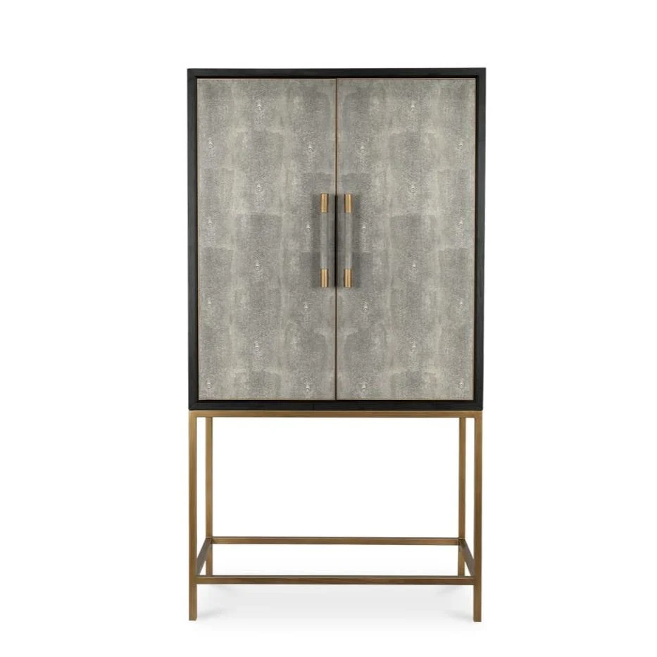 Contemporary Solid Oak & Brass Bar Cabinet with Matte Lacquer Finish for Living Room or Dining Room