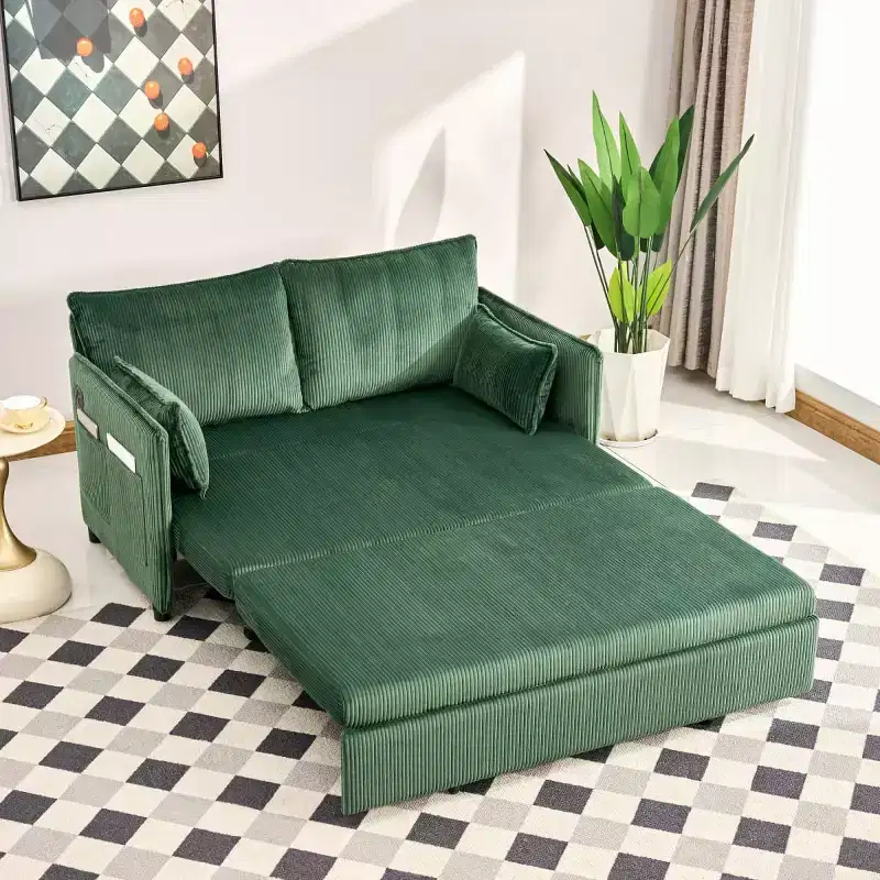 3-in-1 Corduroy Convertible Sofa Bed with USB Port and Side Pocket Storage, Twin Pull Out Sleeper Couch