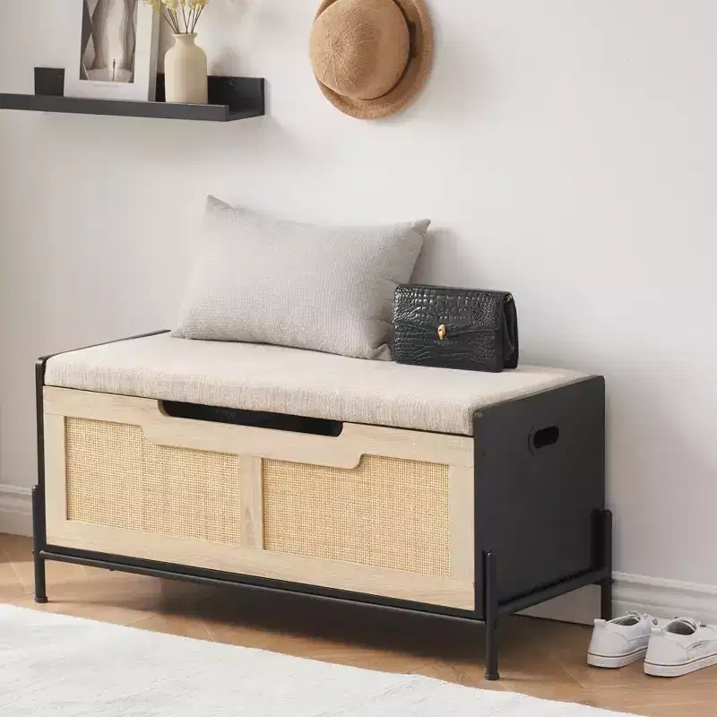 39.4 Inch Storage Ottoman, Large Rattan Bench,Square Rattan Foot Rest Stool, Foot Rest Stool, Bedroom Bench