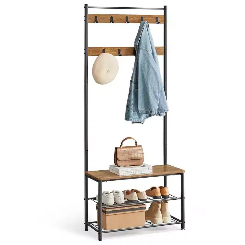 Hall Tree Entryway Coat Rack with Shoe Bench – Rustic Walnut & Black