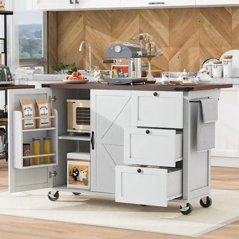 Farmhouse Kitchen Island with Power Outlet, Drop Leaf, Rolling Kitchen Cart