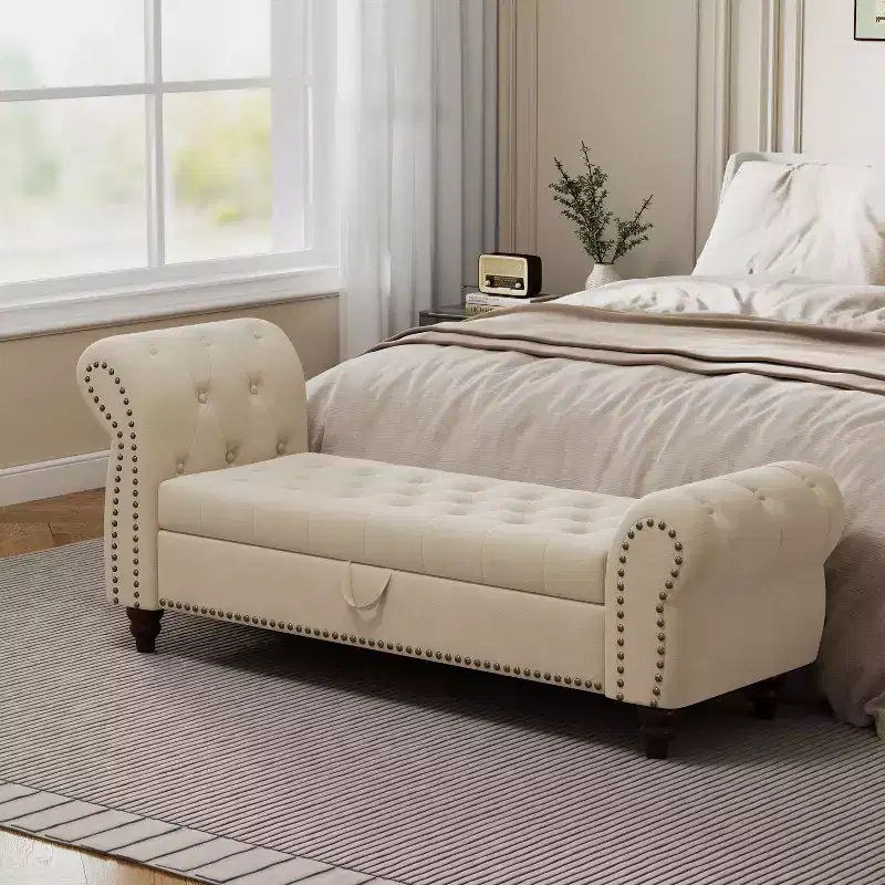 Tufted Bed Bench with Storage, Lake Blue Velvet Upholstery