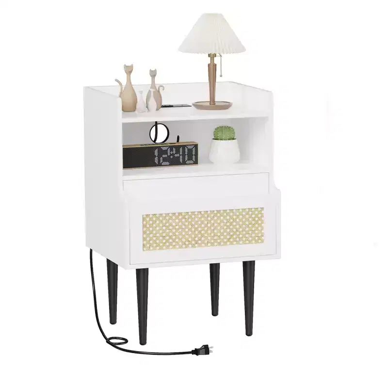Rattan Nightstand , White Bedside Table, Farmhouse End Table with Drawer and Open Storage Shelf, Modern Side Table for Bedroom, Living Room