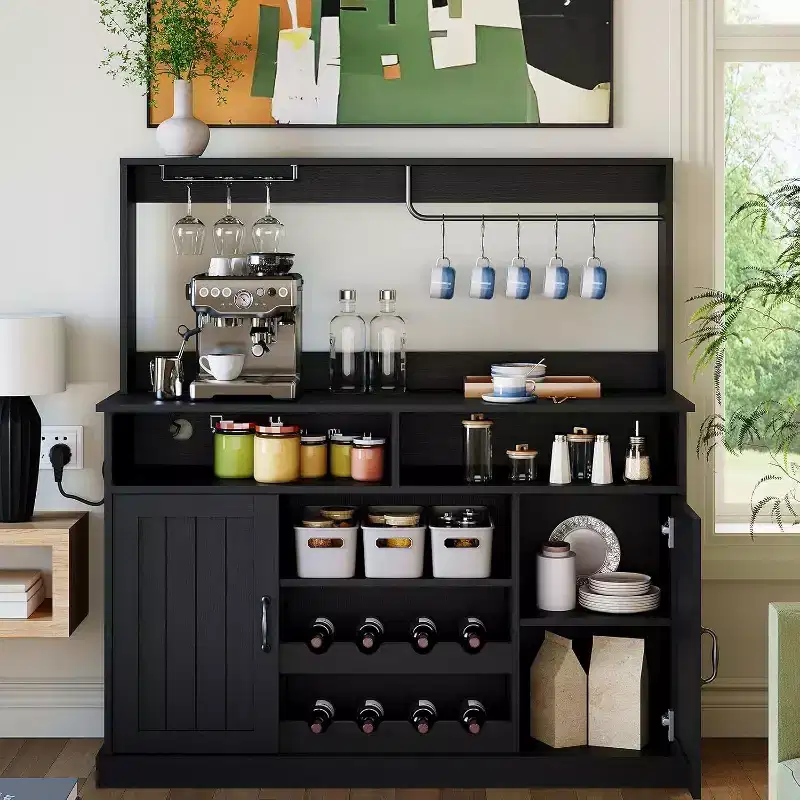 Modern Black Bar Cabinet with Wine Storage, Adjustable Shelves & Cup Rack - Kitchen Dining Room Coffee Bar Organizer