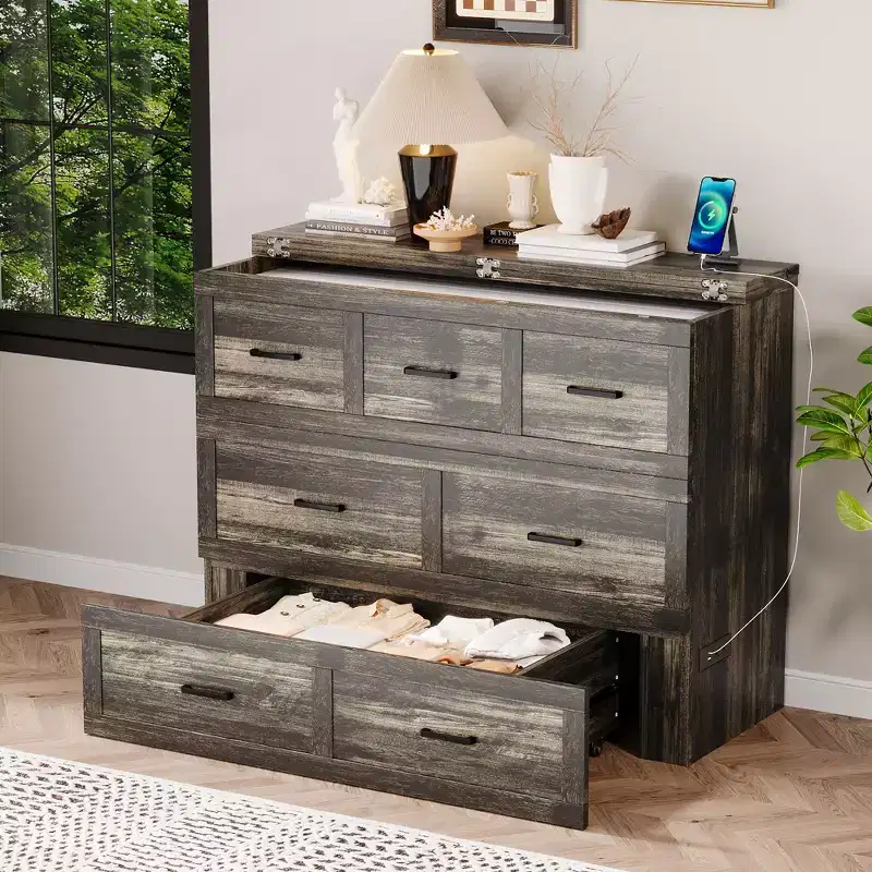 ModernLuxe Full/Queen Size Murphy Bed Space Saving Foldable Bed with Charging Station & Storage Drawer, White/Gray