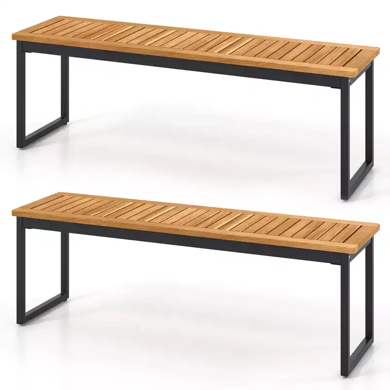 Costway Patio Dining Bench Set of 2, 2-3-person Backless Bench with Slatted Seat & Metal Legs Outdoor Bench for Entryway Garden Poolside Natural