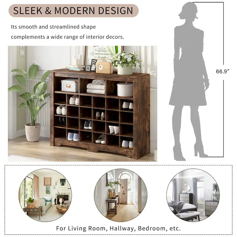 Sleek Design 24 Shoe Cubby Console, Modern Shoe Cabinet with Curved Base