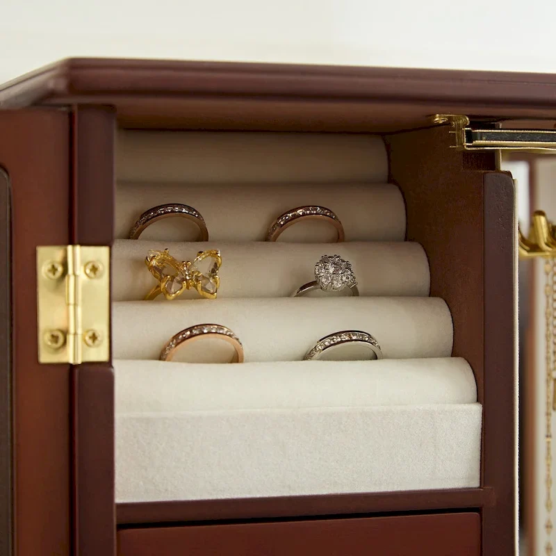 Solid Wood Jewelry Box with 3 Drawers, Necklace Carousel & Mirror, Brown, 10x5.2x11.7in Organizer