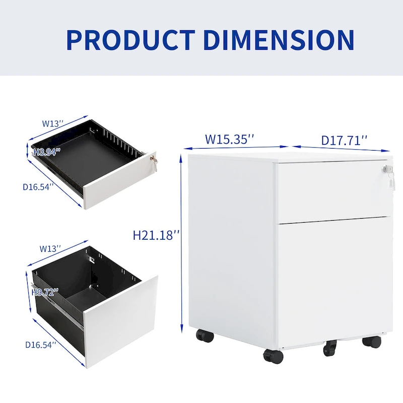 2 Drawer Mobile File Cabinet with Lock Steel File Cabinet for Legal/Letter/A4/F4 Size