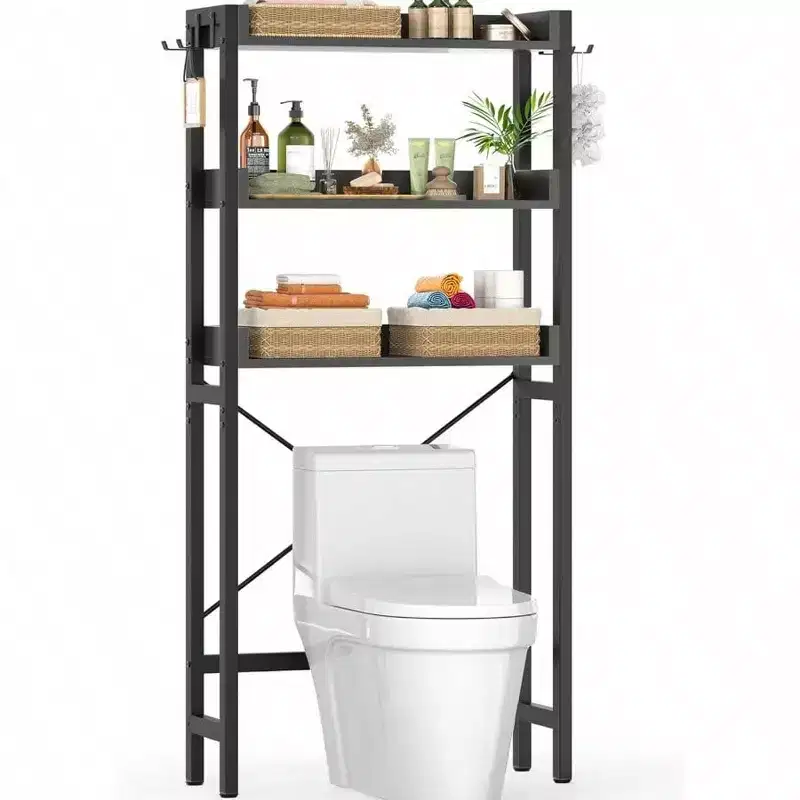 Over - Toilet Storage Rack 3 - Tier Bathroom Organizer Shelf Freestanding Space Saver with 4 Hooks Black