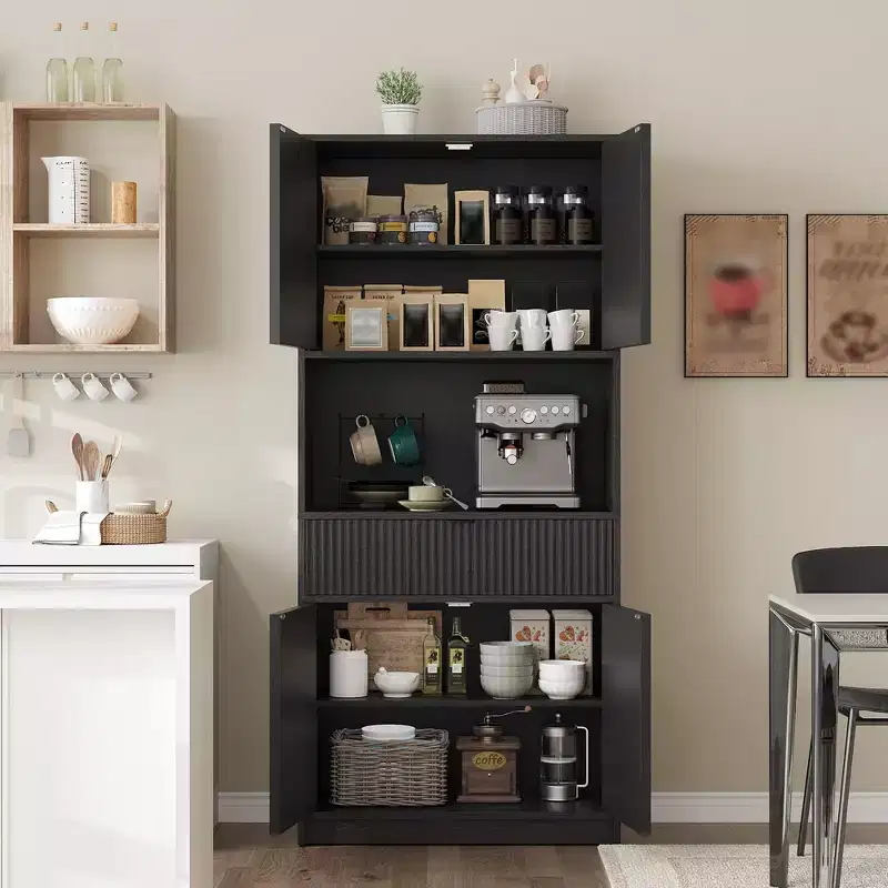 70 Tall Kitchen Pantry Cabinet, Fluted Wooden Cupboard Storage Cabinet with Adjustable Shelves, Freestanding Bathroom Storage Cabinet