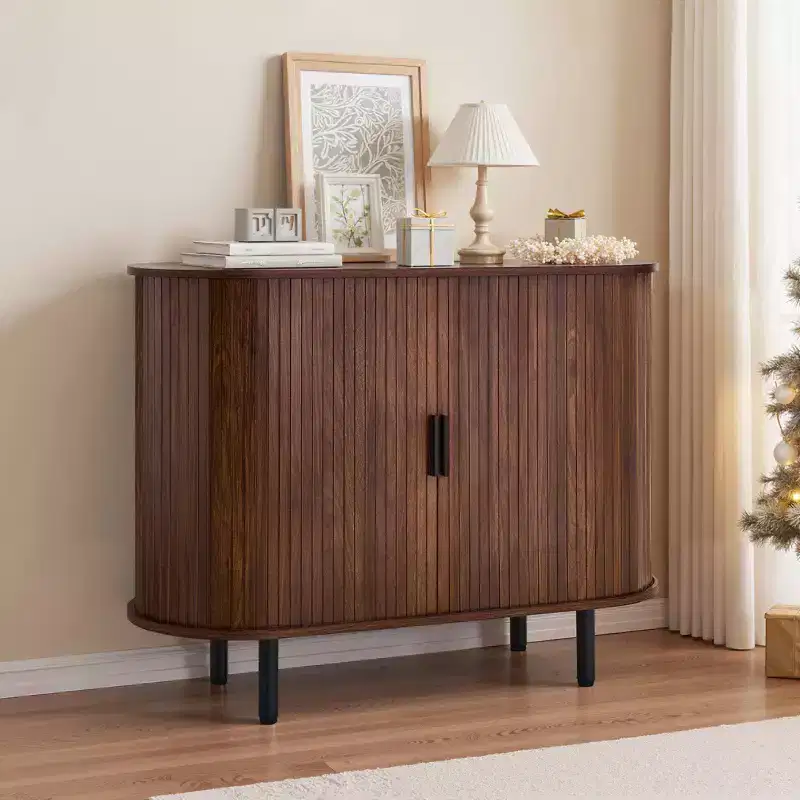 Coffee Bar Cabinet, Mid Century Fluted Coffee Bar Table, Buffet Stand Cabinet with 2 Sliding Doors, Sideboard Buffet Station, Walnut