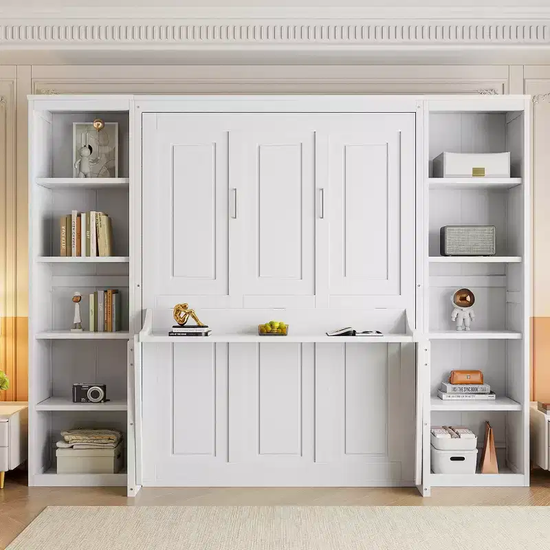 Queen/Full Size Wooden Murphy Bed with Desk and Storage Shelves, White -ModernLuxe