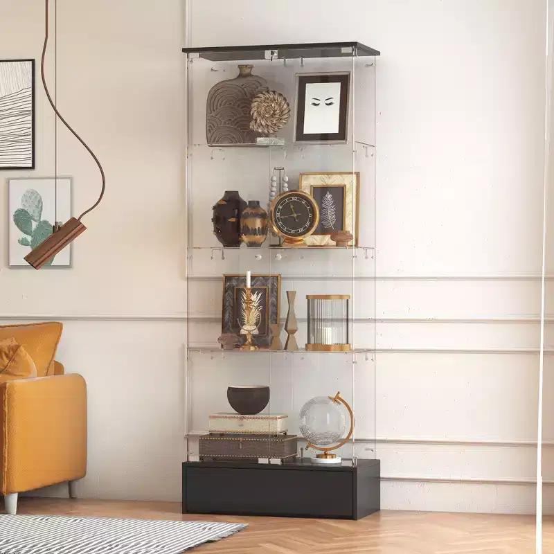 Tall Glass Door Display Cabinet 2-Door 1-Drawer 4 Shelves Black Wood 70.9