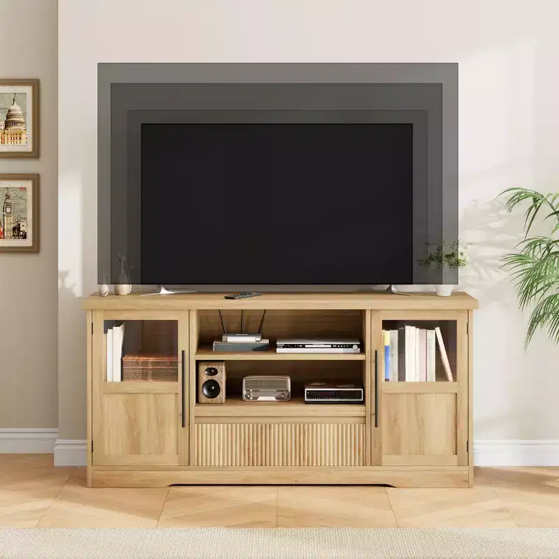 63 Farmhouse TV Stand for TVs Up to 72, Wave Pattern Entertainment Center with 2 Glass Door Cabinets & 2 Open Shelves, Sturdy Wood