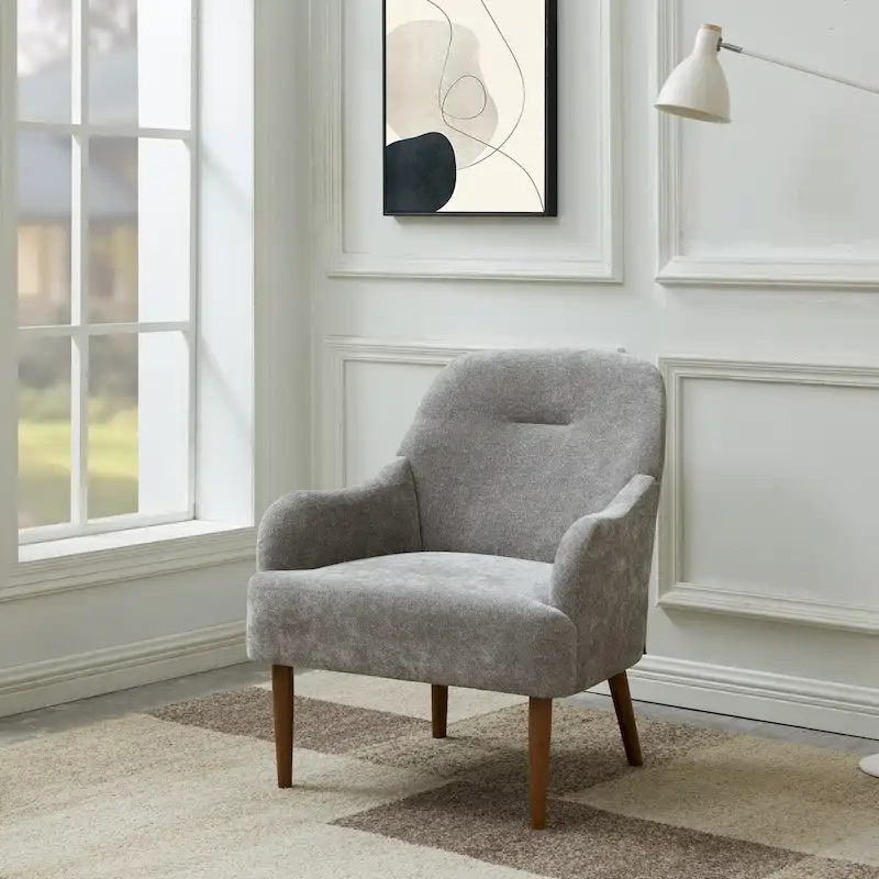 Chenille Armchair, Modern Style Accent Chair with Wood Legs, Comfy Design for Living Room, Bedroom, Office