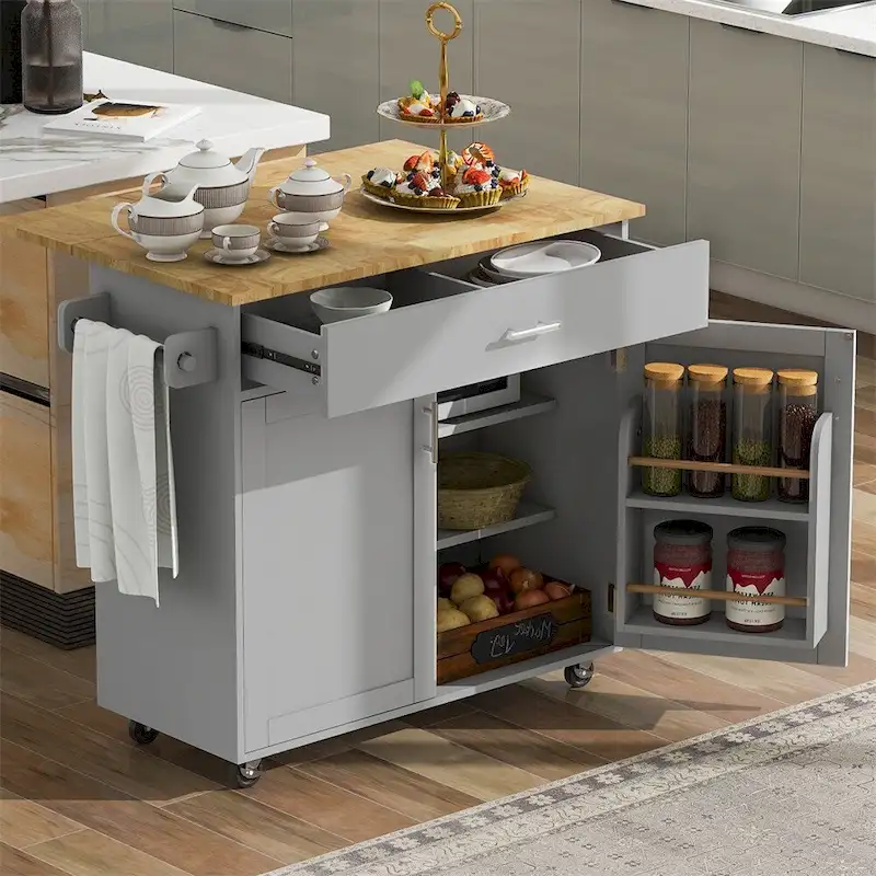 Rolling Kitchen Cart with Adjustable Shelf Tower Rack and Rubber Top - N/A