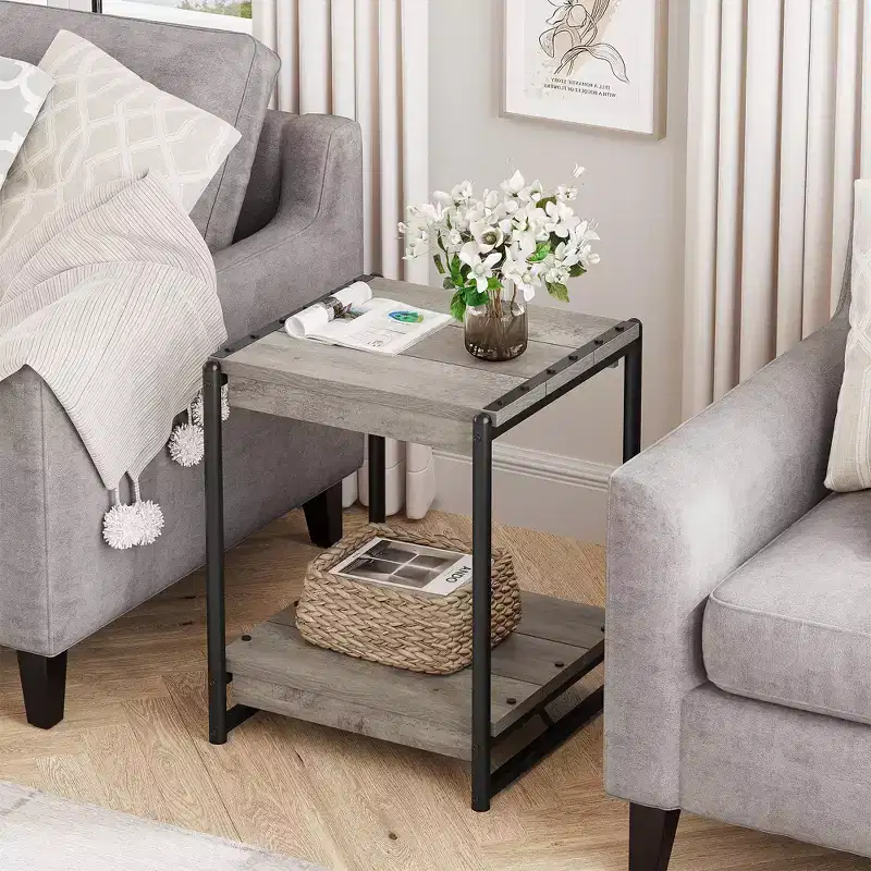 Grey, 2-Tier Wood & Metal Frame End Table, Single