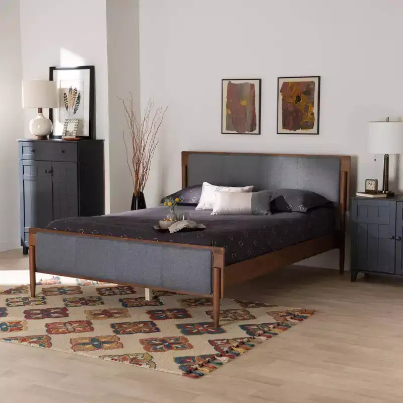 King Powers Fabric and Wood Platform Bed: Mid-Century Design, Foam Padded, No Box Spring Required