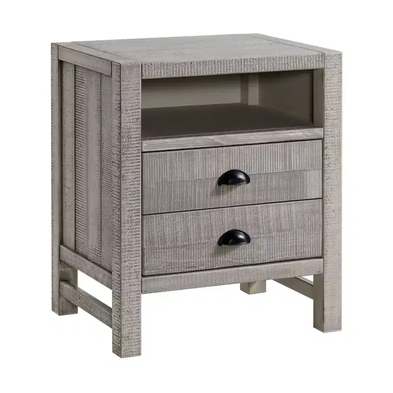 Gray 2-Drawer Wood Nightstand with Open Shelf